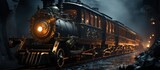 Vintage steam locomotive in a foggy night.