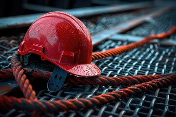 Aufkleber - Red hard hat sitting on top of a pile of rope. Can be used for construction or safety concepts