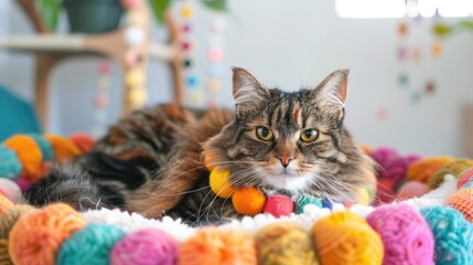 Poster - A cat is laying on a colorful bed with a colorful ball necklace around its neck