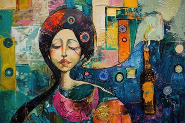Poster - A woman holding a bottle of wine. Suitable for wine-related designs
