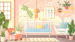 bright interior of baby room with a baby cot changing