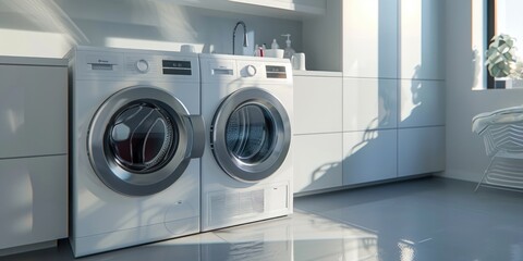 Poster - A modern washer and dryer set in a clean white room. Perfect for home appliance or interior design concepts