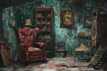 Poster - A painting of a red chair in a living room, suitable for interior design projects