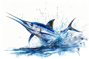 Poster - A stunning painting of a blue marlin fish leaping out of the water. Perfect for marine life or sport fishing concepts