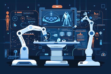 Wall Mural - A robot standing in front of a computer screen. Ideal for technology concepts