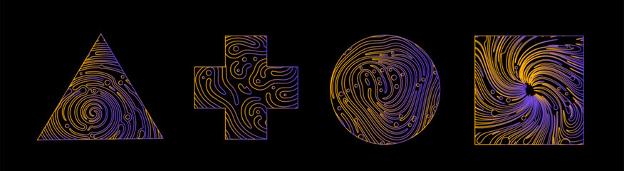 Poster - Set of elegant linear shapes with surreal trippy pattern in neon colors.