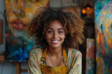 A bright young artist stands with a broad smile, surrounded by vivid and abstract paintings in her workshop