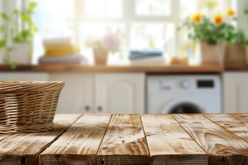 Poster - A basket sitting on top of a wooden table. Suitable for various rustic themes