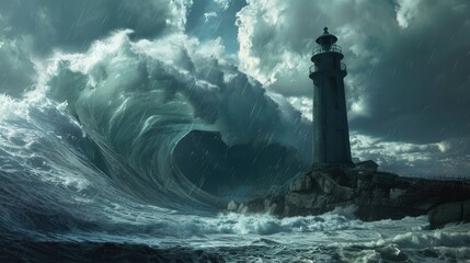 Poster - A powerful image of a lighthouse standing tall in the midst of a massive wave. Suitable for illustrating strength and resilience in challenging situations