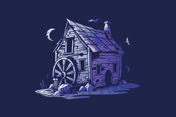 Poster - A picturesque house with a charming water wheel on the front. Suitable for real estate or travel concepts