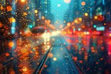 Fototapeta  - A cityscape comes alive with bright bokeh lights and raindrop effects, highlighting the energy of a rainy night