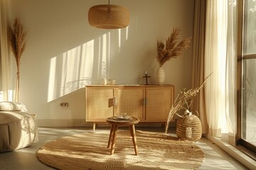 Poster - A fully furnished living room with a spacious window, perfect for interior design projects