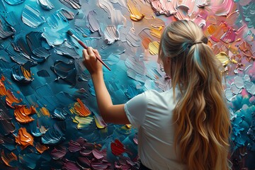 Poster - Female artist with a brush adding vibrant colors to a textured canvas, showcasing artistic expression