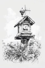 Aufkleber - Detailed drawing of a birdhouse with a clock on top, suitable for various design projects