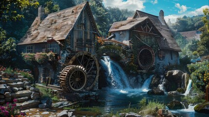 Poster - A beautiful painting of a water mill with a cascading waterfall. Perfect for interior decor or nature-themed projects