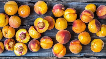 Wall Mural - A bunch of peaches are sitting on a wooden table. Some of them have been cut open