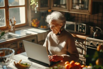 Aufkleber - Woman sitting at kitchen table using laptop. Perfect for technology and work from home concepts