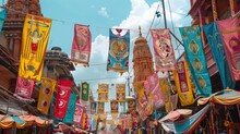 A Vibrant Display Of Traditional Banners And Pennants, Showcasing The Festive And Celebratory Atmosphere Of The Jagannath Rath Yatra.