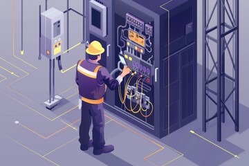 Poster - A man in a hard hat working on a machine. Suitable for industrial and construction concepts