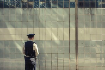 Poster - Law enforcement officer standing in front of a building. Suitable for security or urban themes