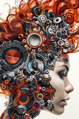 Poster - A woman with red hair wearing a clock on her head. Suitable for time management concepts