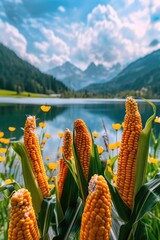 Poster - A scenic view of a cornfield next to a tranquil body of water. Perfect for agricultural or nature themes
