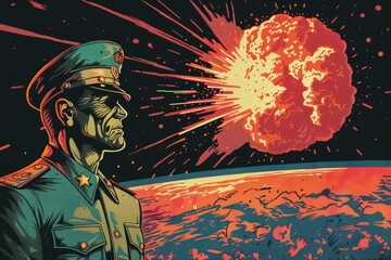 Poster - Military man standing in front of a powerful explosion. Suitable for military and war themes