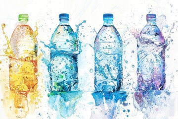 Poster - Colorful watercolor painting of a group of water bottles. Ideal for hydration and health-related designs