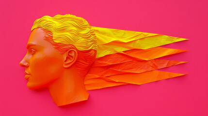Wall Mural - A woman's head with orange and yellow hair is shown in a painting. The hair is cut off at the top, and the rest of the hair is shown in a series of triangles. The painting has a bold and vibrant feel
