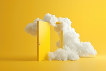 Poster - A mysterious yellow door with clouds coming out of it. Perfect for surreal concepts