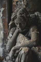 Poster - A serene angel statue sitting on a chair. Suitable for various religious or peaceful concepts