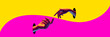 Male and female hands sticking out holes and reaching each other on yellow pink background. Support and relationship. Contemporary art collage. Concept of creativity. Complementary colors, pop art