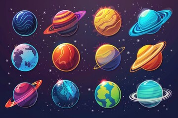 Aufkleber - A colorful set of cartoon planets and their satellites. Perfect for educational materials or children's books