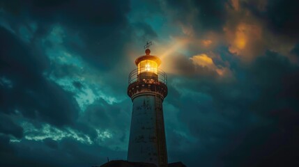 Poster - A light shines brightly on top of a lighthouse. Ideal for maritime concepts