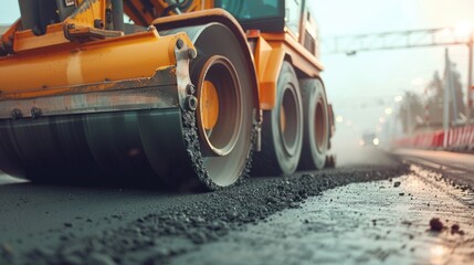 Aufkleber - Road roller parked on the side of a road. Suitable for construction or transportation concepts