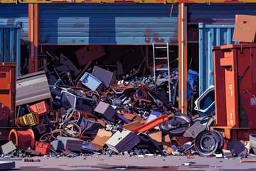 Poster - A pile of junk in front of a building. Suitable for illustrating urban decay