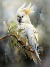 Watercolor Sulphur-crested Cockatoo  On Nature Background