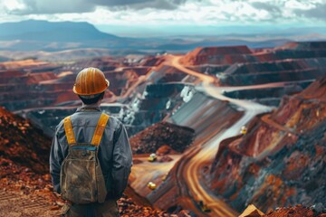 Wall Mural - A man wearing a hard hat standing on a mountain. Suitable for construction or outdoor adventure themes