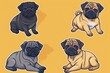 A group of four pug dogs posing on a bright yellow backdrop. Suitable for pet-related designs