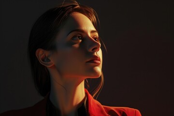 Poster - A woman in a red jacket looking up. Suitable for lifestyle and outdoor concepts