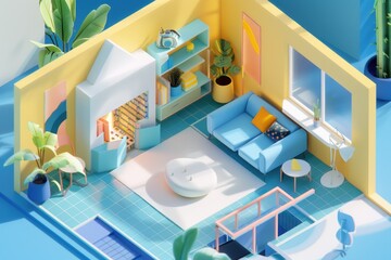Poster - A cozy living room with a blue couch. Perfect for interior design projects