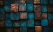 Fondo azul viejo y sucio de madera textura de pared de madera.
Cubos de madera oscura de fondo. Vista frontal. Espacio de copia libre.