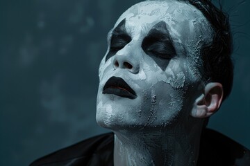 Poster - Close up of a person with white paint on their face, suitable for Halloween or theater use
