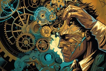 Aufkleber - Close-up of a person with a clock in the background. Suitable for time management concepts