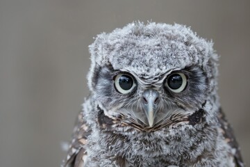 Poster - Close up of an owl with frost on its head. Suitable for winter themes