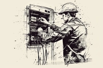 Wall Mural - A black and white drawing of a man working on an electrical panel. Suitable for technical and industrial concepts