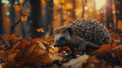 Poster - A hedge walking through the leaves in the woods. Suitable for nature and outdoor themes