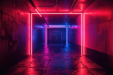 Aufkleber - A mysterious long hallway illuminated by red and blue lights. Perfect for suspenseful or futuristic themes