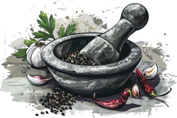 Aufkleber - A mortar filled with black pepper and garlic. Perfect for culinary and food-related projects