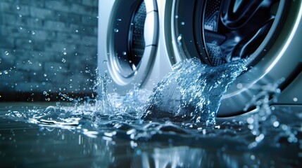 Canvas Print - Close up of a washing machine with water leakage. Suitable for appliance repair services advertisement